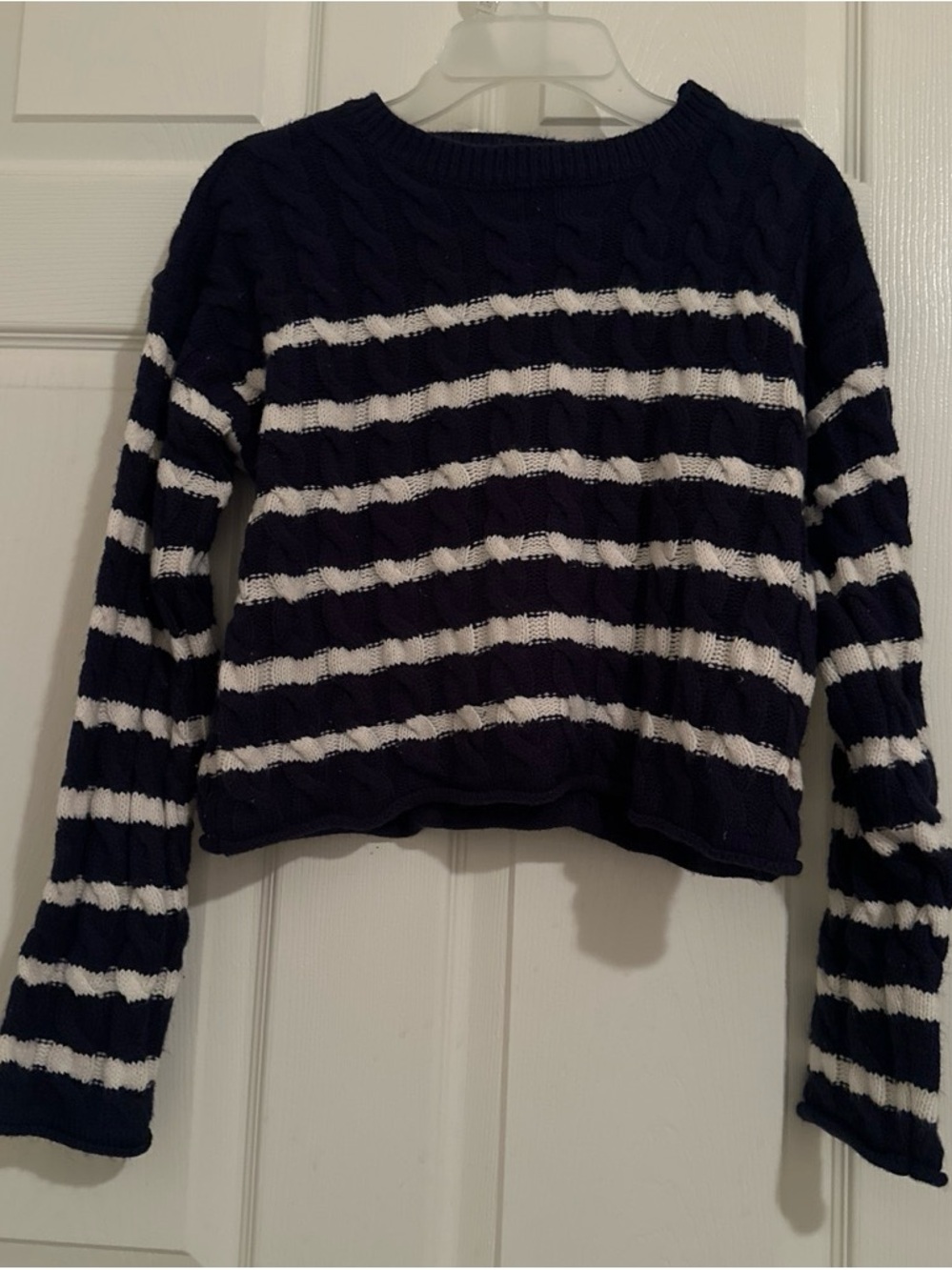 Abercrombie & Fitch Navy and White Striped Cable Knit Crew Sweater